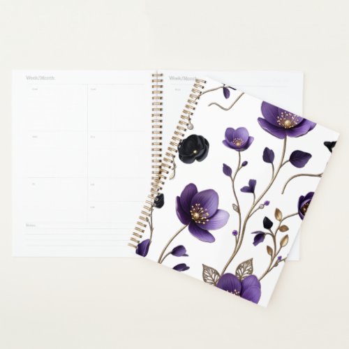 Elegant 3D Purple & Gold Floral Botanical Pattern Planner