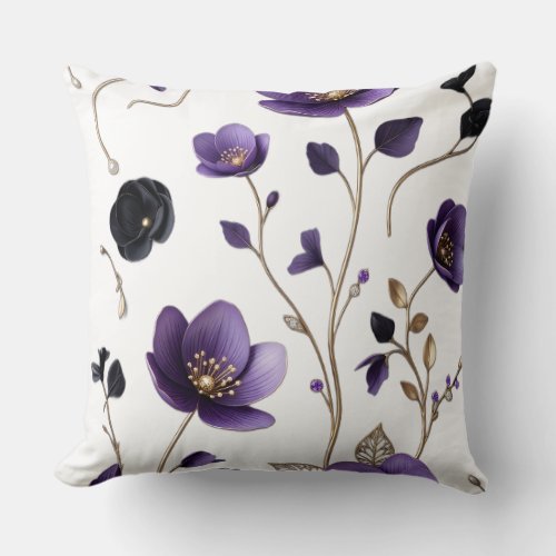 Elegant 3D Purple & Gold Floral Botanical Pattern Throw Pillow