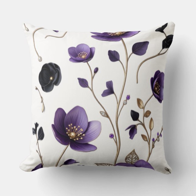 Elegant 3D Purple & Gold Floral Botanical Pattern  Throw Pillow (Front)