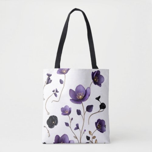 Elegant 3D Purple & Gold Floral Botanical Pattern Tote Bag