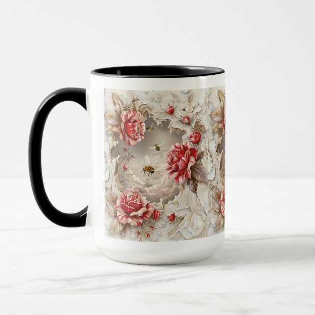 Elegant 3D Roses, Bees & Botanical Beauty Mug (Left)