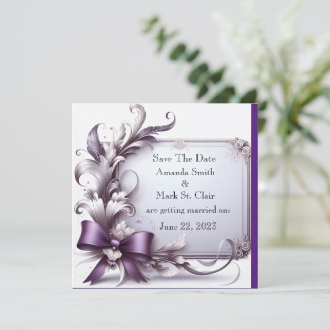 Elegant 3D Roses: Purple Ribbon Date Announcement (Standing Front)