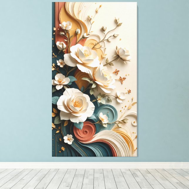 Elegant 3D Sculpted Roses Canvas Print (Insitu(Wood Floor))