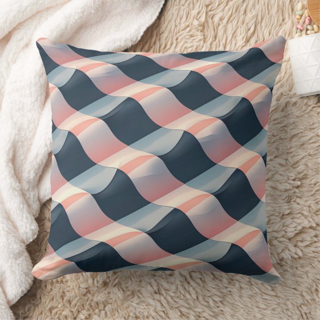 Elegant 3D Wave Pattern in Teal, Rose, and Cream Throw Pillow (Blanket)