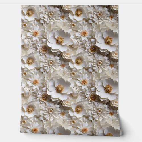 Elegant 3d white and gold flowers spring floral wallpaper 