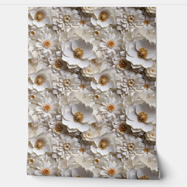 Elegant 3d white and gold flowers spring floral wallpaper  (Unrolling)