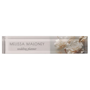 Elegant 3D White Gold Roses Desk Name Plate
