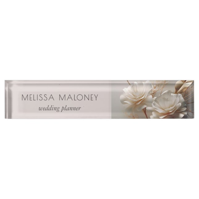Elegant 3D White Gold Roses Desk Name Plate (Front)