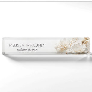 Elegant 3D White Gold Roses Desk Name Plate