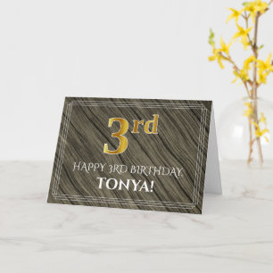 Elegant 3rd Birthday: Faux Wood, Faux Gold Look Card