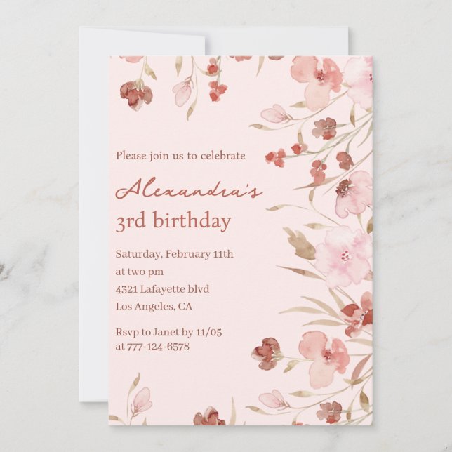 Elegant 3rd birthday invitations Floral Chic (Front)
