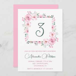 Elegant 3rd birthday invitations Floral  Pink