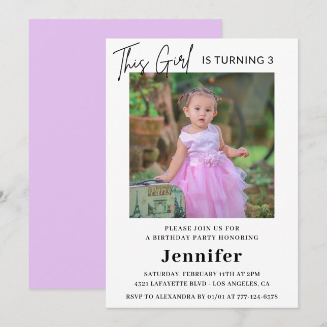 Elegant 3rd birthday invitations Photo Girl Modern (Front/Back)