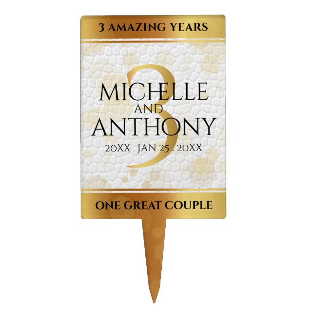 Elegant 3rd Leather Wedding Anniversary Cake Topper (Front)