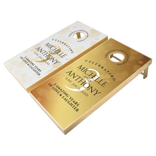 Elegant 3rd Leather Wedding Anniversary Cornhole Set (Angled)