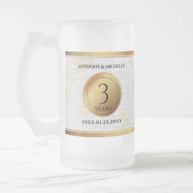 Elegant 3rd Leather Wedding Anniversary Frosted Glass Beer Mug (Left)