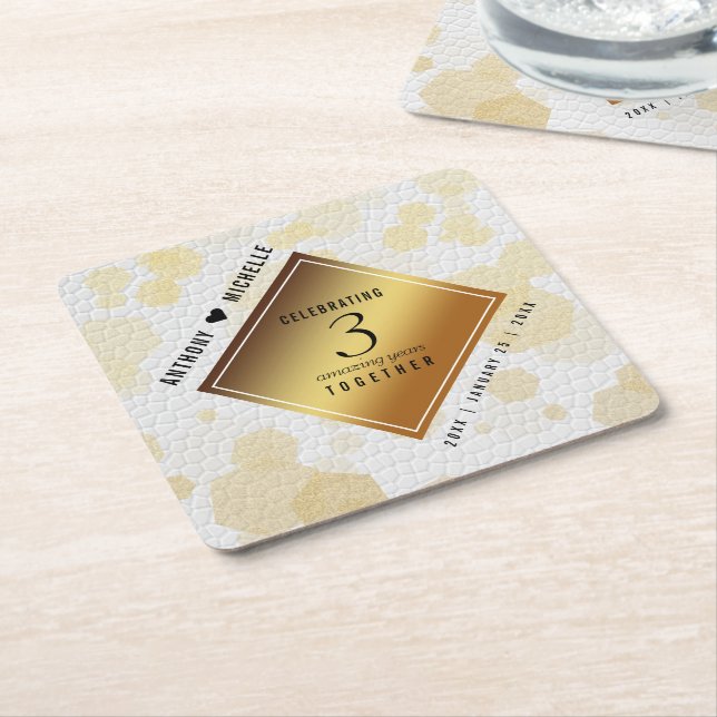 Elegant 3rd Leather Wedding Anniversary Square Paper Coaster (Angled)