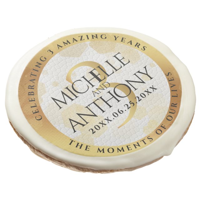 Elegant 3rd Leather Wedding Anniversary Sugar Cookie (Angled)