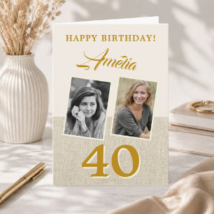 Elegant 40th Birthday 2 Photo Card Gold Name