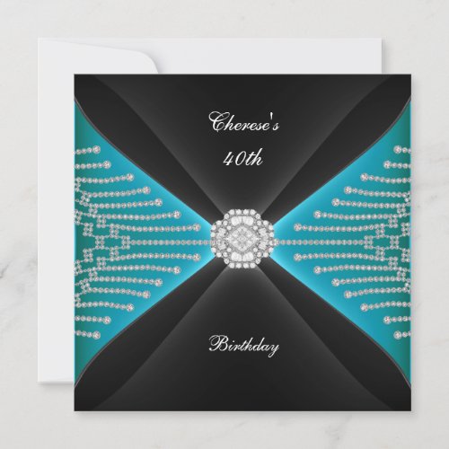 Elegant 40th Birthday Black Teal Blue Diamond Personalized Invite