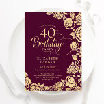 Elegant 40th Birthday Burgundy Gold Roses Invitation<br><div class="desc">Burgundy gold floral 40th birthday party invitation. Elegant design featuring roses,  faux gold foil and typography script font. Trendy invite card perfect for a stylish female bday celebration. Can be customized to any age. Personalize with your own details. Printed Zazzle invitations or instant download digital printable template.</div>