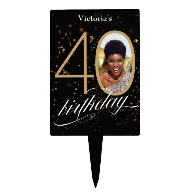 Elegant 40th Birthday Confetti Black Gold Photo Cake Topper (Front)