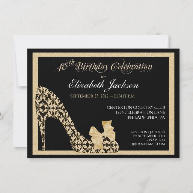 Elegant 40th Birthday Damask Shoe Invitation (Front)