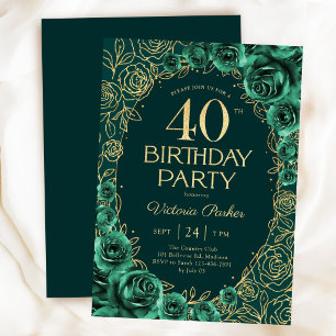 Elegant 40th Birthday Emerald Green & Gold Floral Invitation