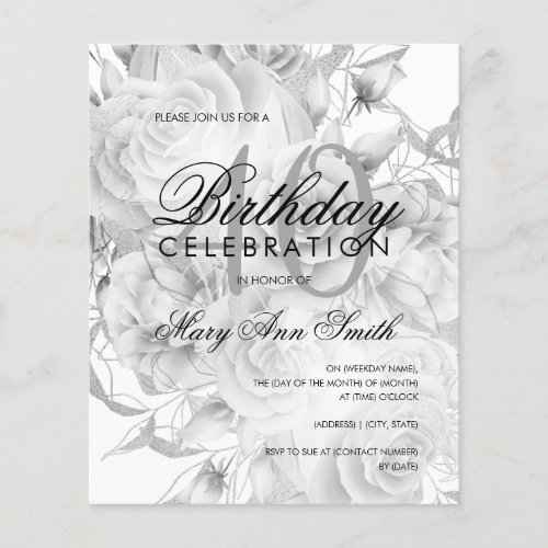 Elegant 40th Birthday Floral Silver White Invite