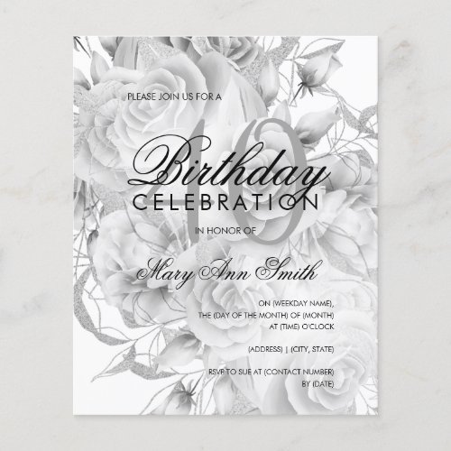 Elegant 40th Birthday Floral Silver White Invite Flyer