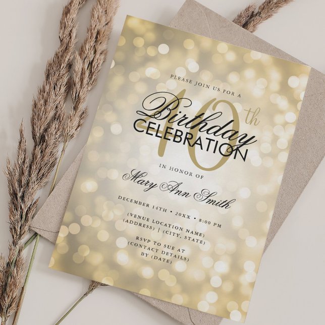 Elegant 40th Birthday Glam Gold Shimmer Lights Invitation (Elegant 40th Birthday Glam Gold Shimmer Lights Invitation)