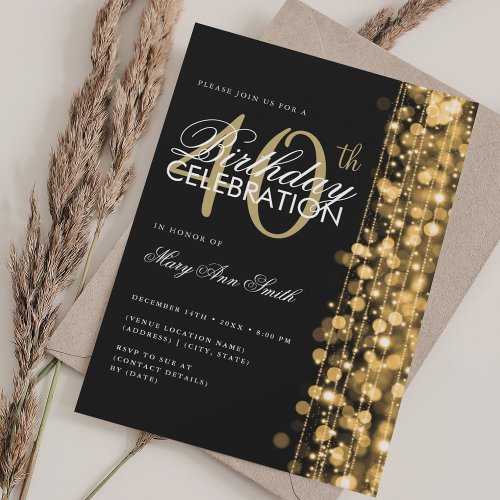 Elegant 40th Birthday Glam Sparkles Gold  Black Invitation