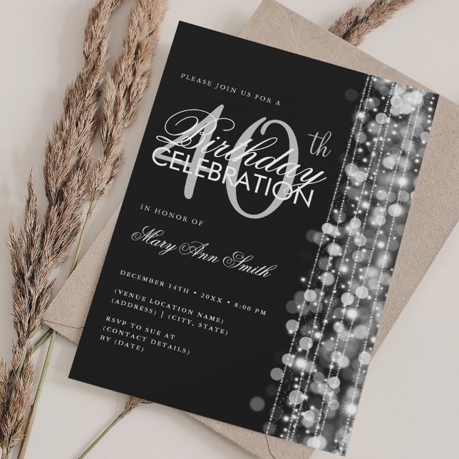 Elegant 40th Birthday Glam Sparkles Silver Black Invitation (Elegant 40th Birthday Glam Sparkles Silver Black Invitation)