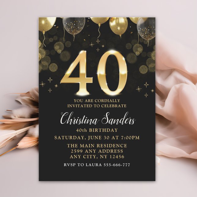 Elegant 40th Birthday Invitation with Gold Ballons (Creator Uploaded)