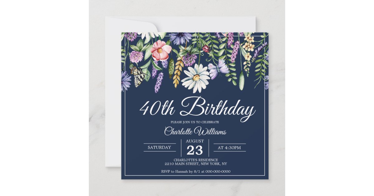Elegant 40th Birthday Navy Blue Wildflowers Invitation | Zazzle