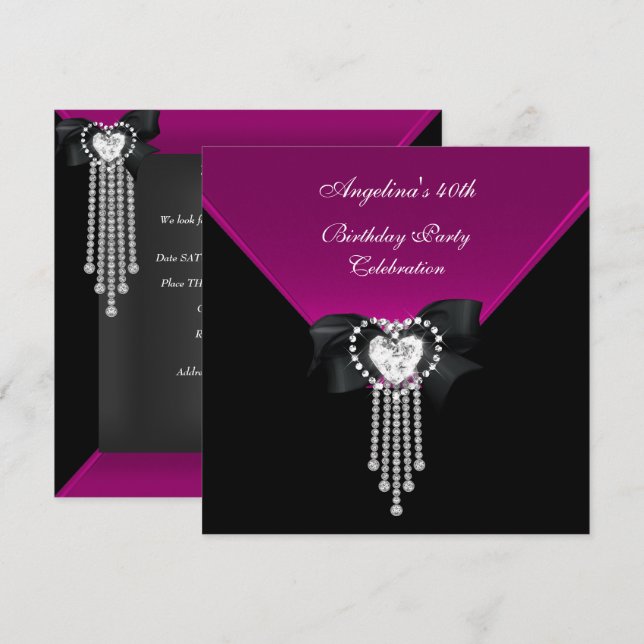 Elegant 40th Birthday Party Black Pink Diamond Invitation (Front/Back)