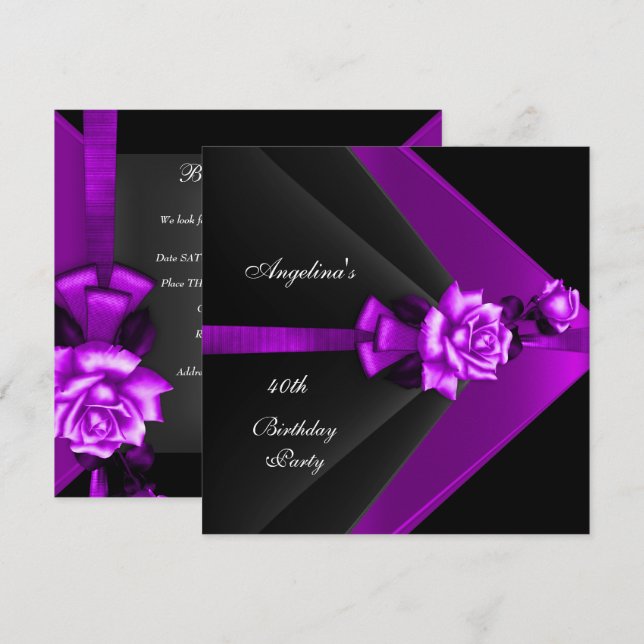 Elegant 40th Birthday Party Black Purple Rose Invitation (Front/Back)