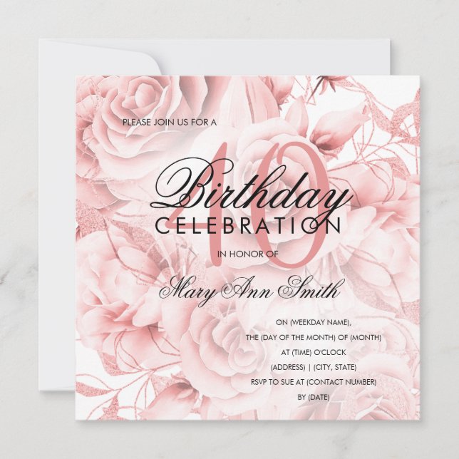 Elegant 40th Birthday Party Floral Rose Gold  (Front)