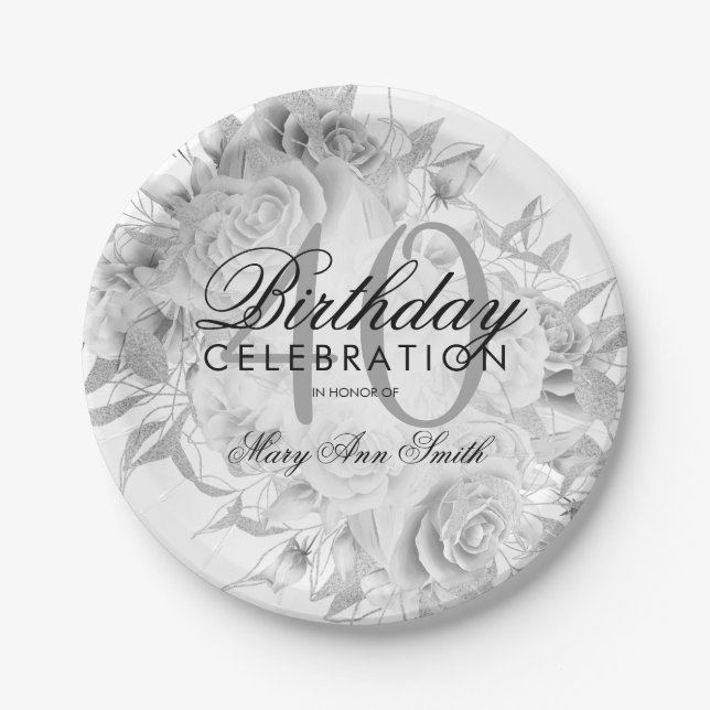 Elegant 40th Birthday Party Floral Silver White Paper Plates (Front)