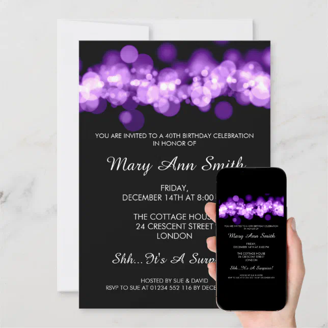 Elegant 40th Birthday Party Purple Bokeh Lights Invitation Zazzle