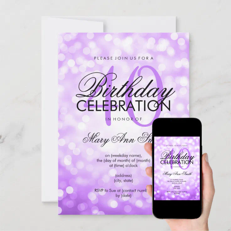 Elegant 40th Birthday Party Purple Glitter Lights Invitation Zazzle