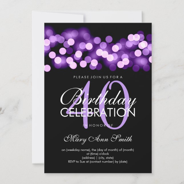 Elegant 40th Birthday Party Purple Hollywood Glam Invitation (Front)