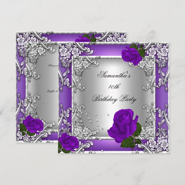 Elegant 40th Birthday Party Purple Rose Silver Invitation (Front/Back)