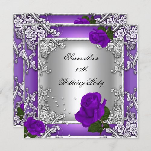 Elegant 40th Birthday Party Purple Rose Silver Invitation