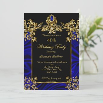 Elegant 40th Birthday Party Silk Royal Blue Gold Invitation | Zazzle