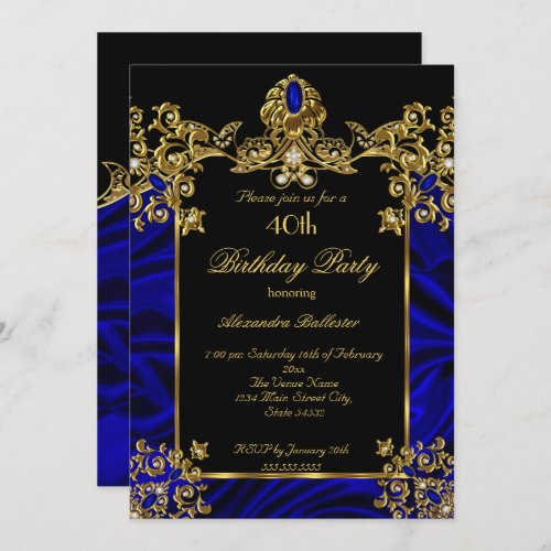 Elegant 40th Birthday Party Silk Royal Blue Gold Invitation