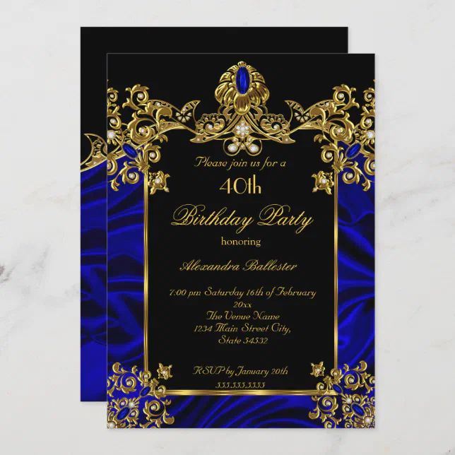 Elegant 40th Birthday Party Silk Royal Blue Gold Invitation | Zazzle