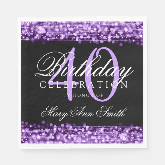 Elegant 40th Birthday Party Sparkles Purple Napkins (Front)