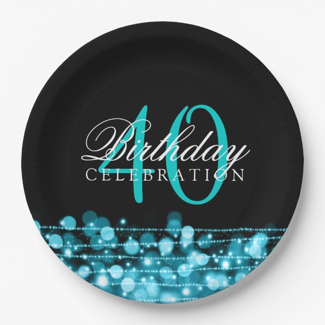 Elegant 40th Birthday Party Sparkles Turquoise Paper Plates (Front)