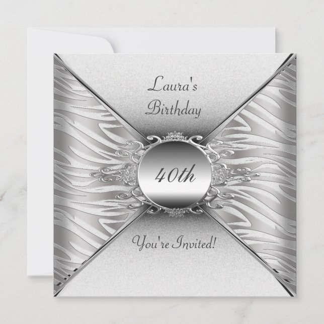 Elegant 40th Birthday Party White Silver Invitation (Front)